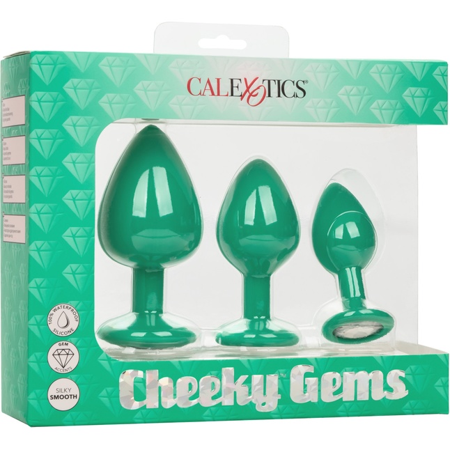 Набор из трёх зеленых анальных пробок с кристаллом Cheeky Gems - Anal Toys. Фотография 4.