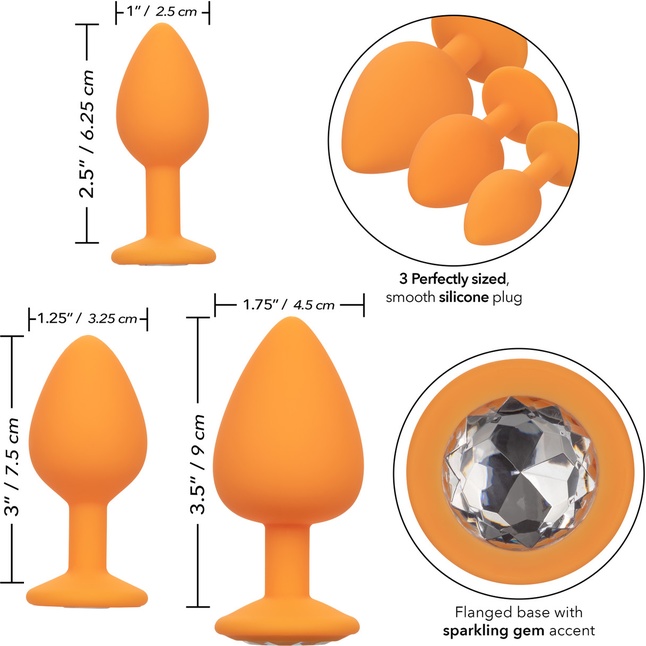 Набор из трёх оранжевых анальных пробок с кристаллом Cheeky Gems - Anal Toys. Фотография 3.