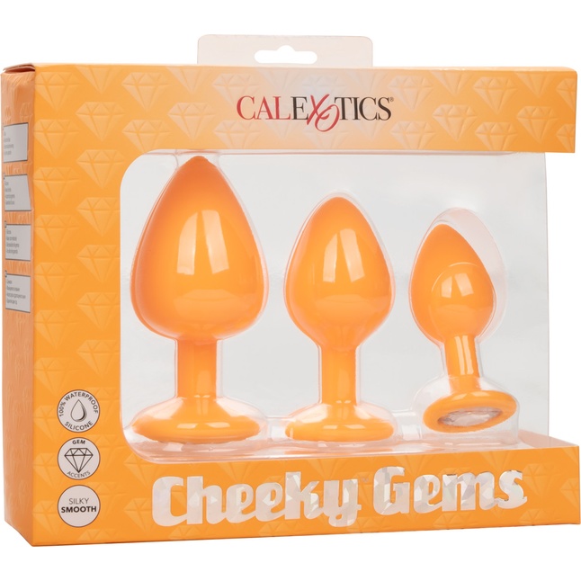 Набор из трёх оранжевых анальных пробок с кристаллом Cheeky Gems - Anal Toys. Фотография 4.