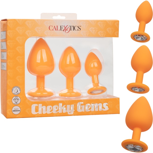 Набор из трёх оранжевых анальных пробок с кристаллом Cheeky Gems - Anal Toys. Фотография 6.