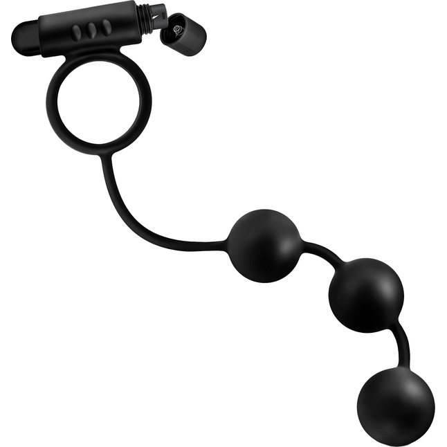Черная анальная цепочка с эрекционным виброкольцом Silicone Anal Beads with Vibrating C-Ring - Anal Adventures Platinum. Фотография 4.