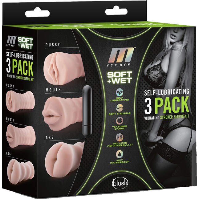Набор из 3 мастурбаторов и вибропули 3-Pack Self-Lubricating Vibrating Stroker Sleeve Kit - M for Men. Фотография 2.