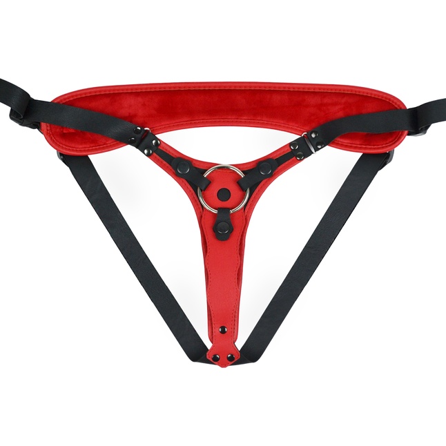Красно-черный женский пояс с 2 способами крепления насадок и вагинальной пробкой. Фотография 3.