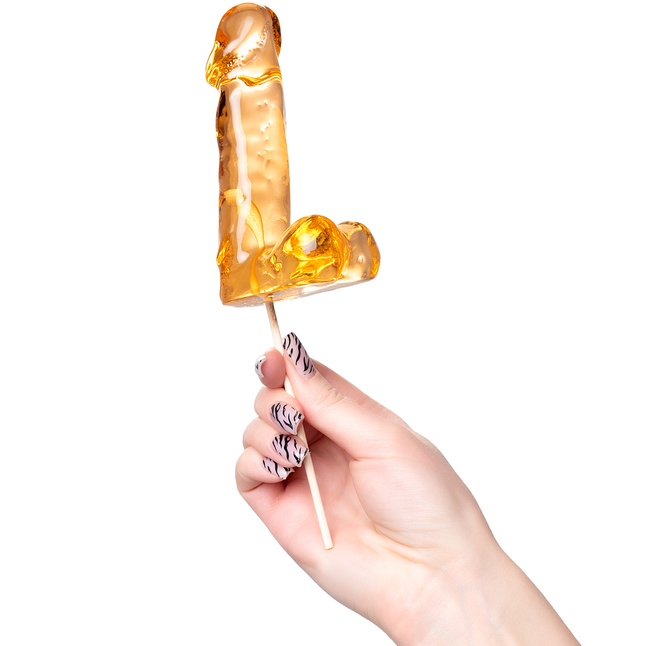 Оранжевый леденец в форме пениса со вкусом аморетто. Фотография 2.
