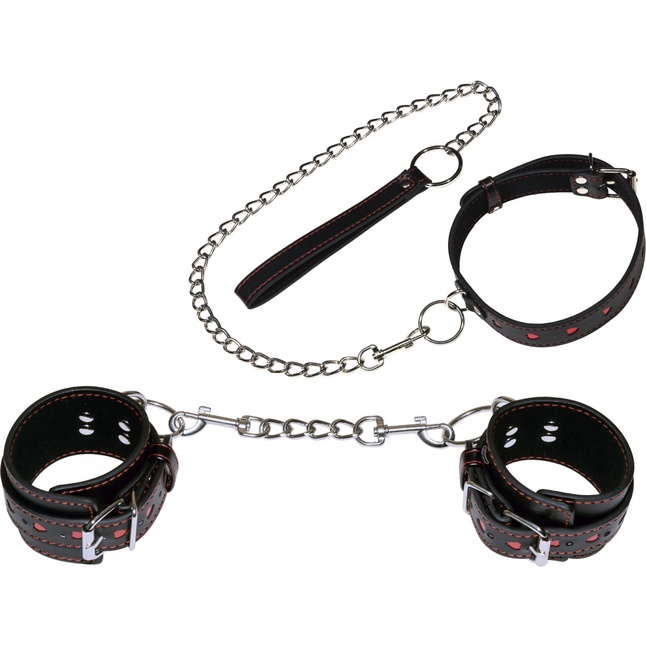 БДСМ-набор с сердечками: ошейник и наручники - BDSM. Фотография 2.