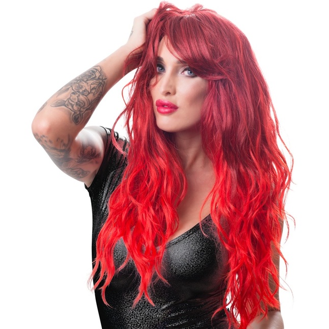 Ярко-красный парик с волнистыми волосами - Cottelli Collection. Фотография 3.