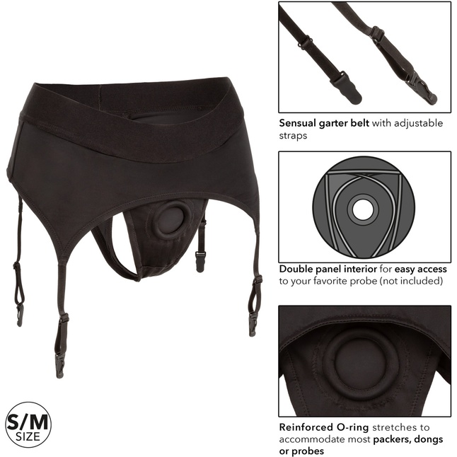 Черные трусики для страпона Thong with Garter размера S/M - Boundless. Фотография 4.
