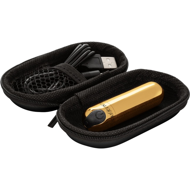 Золотистая вибропуля в чехле для хранения Rechargeable Hideaway Bullet - 7,5 см. Фотография 7.