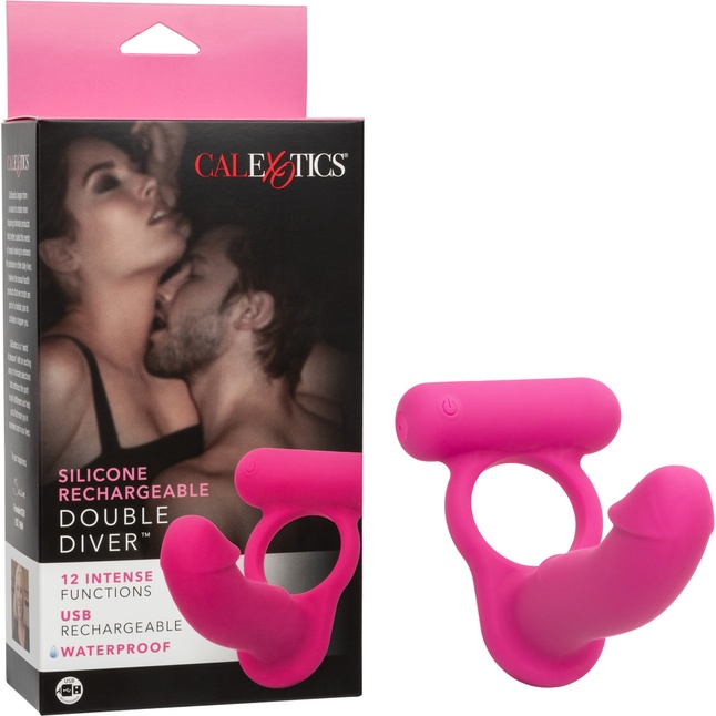 Розовая насадка для двойного проникновения Silicone Rechargeable Double Diver - Couples Enhancers. Фотография 2.