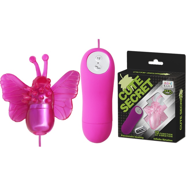 Розовый вибростимулятор в виде бабочки Cute Secret с проводным пультом. Фотография 7.