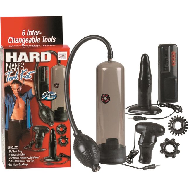 Набор для мужчин Hard Mans Tool Kit: вакуумная помпа, анальная пробка, эрекционные кольца и виброяичко - Pumps