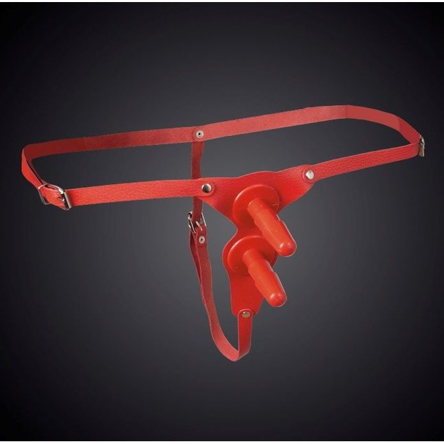 Красные кожаные универсальные трусики с двумя штырьками для насадок - BDSM accessories