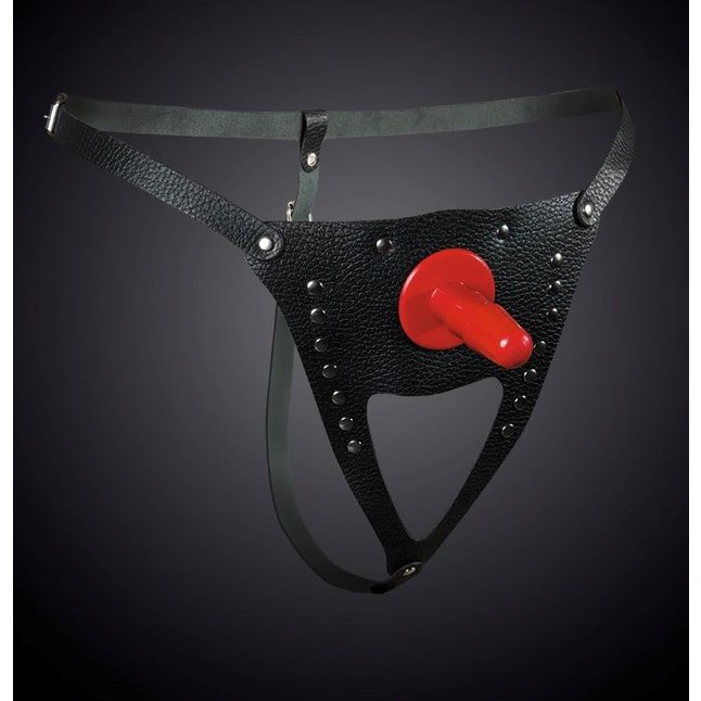 Черные кожаные универсальные трусики со штырьком для насадок и вырезом - BDSM accessories