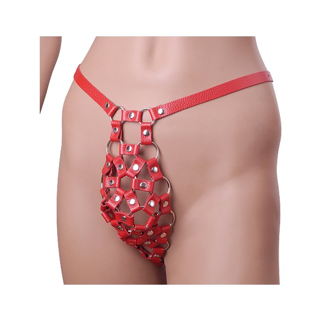Красные кожаные мужские трусы-стринги - BDSM accessories