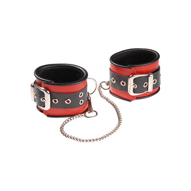 Красно-чёрные кожаные оковы, соединенные цепочкой - BDSM accessories