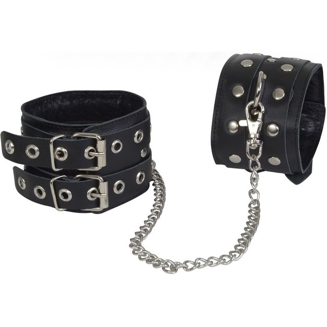 Чёрные кожаные оковы, соединенные цепочкой - BDSM accessories. Фотография 3.