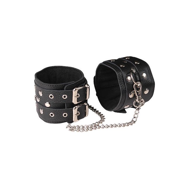 Чёрные кожаные оковы, соединенные цепочкой - BDSM accessories