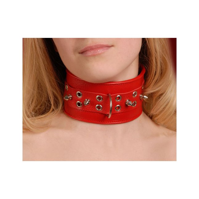Широкий красный кожаный ошейник с шипами - BDSM accessories