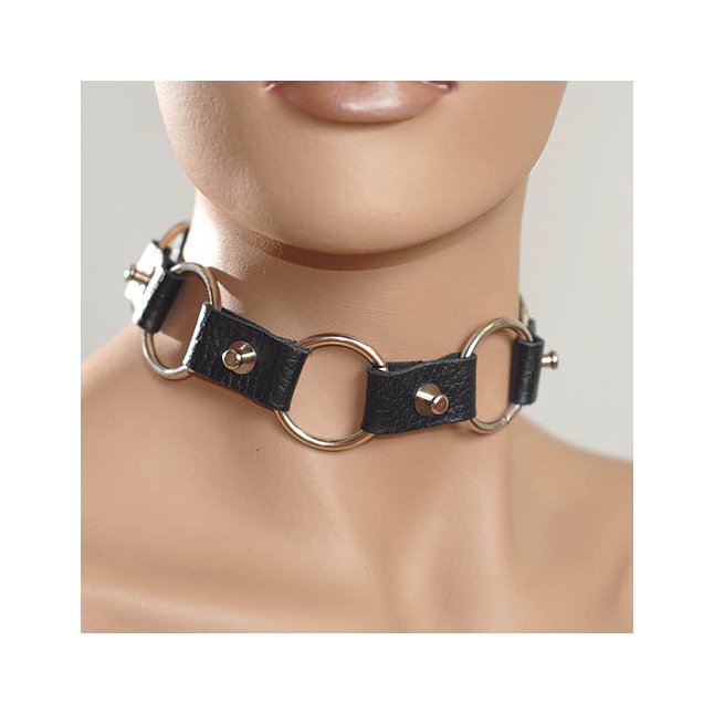 Чёрный кожаный ошейник с кольцами - BDSM accessories