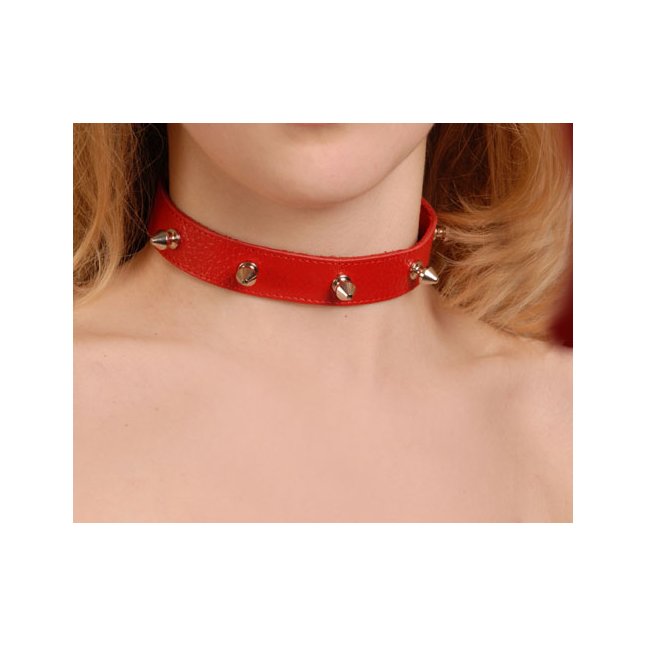 Кожаный красный ошейник на кнопках с шипами - BDSM accessories