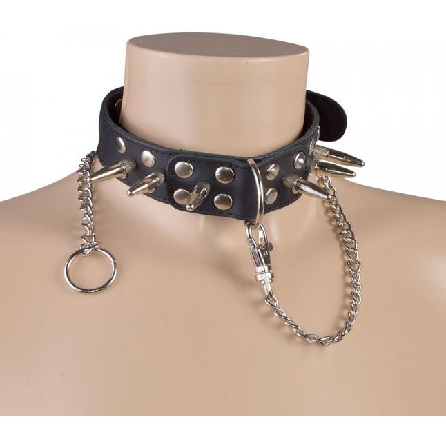 Чёрный кожаный ошейник с шипами и велюровой подкладкой - BDSM accessories. Фотография 3.