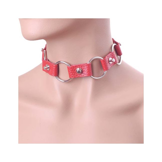 Красный ошейник из кожи с кольцами - BDSM accessories
