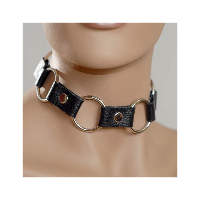 Кожаный черный ошейник с кольцами - BDSM accessories