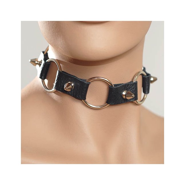 Кожаный черный ошейник с кольцами и шипами - BDSM accessories