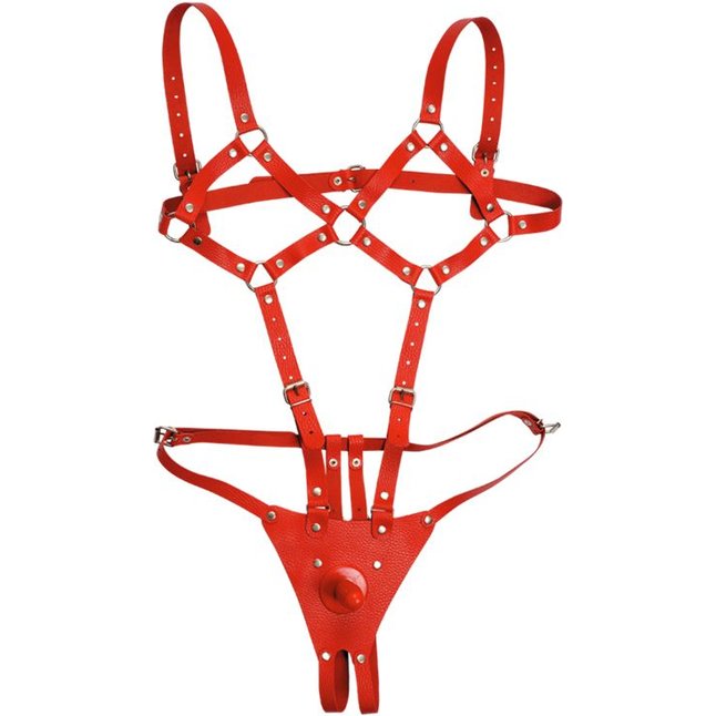 Красная кожаная сбруя Боди харнес - BDSM accessories. Фотография 3.