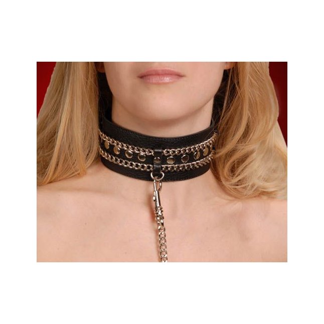 Чёрный ошейник с цепочками и поводком - BDSM accessories