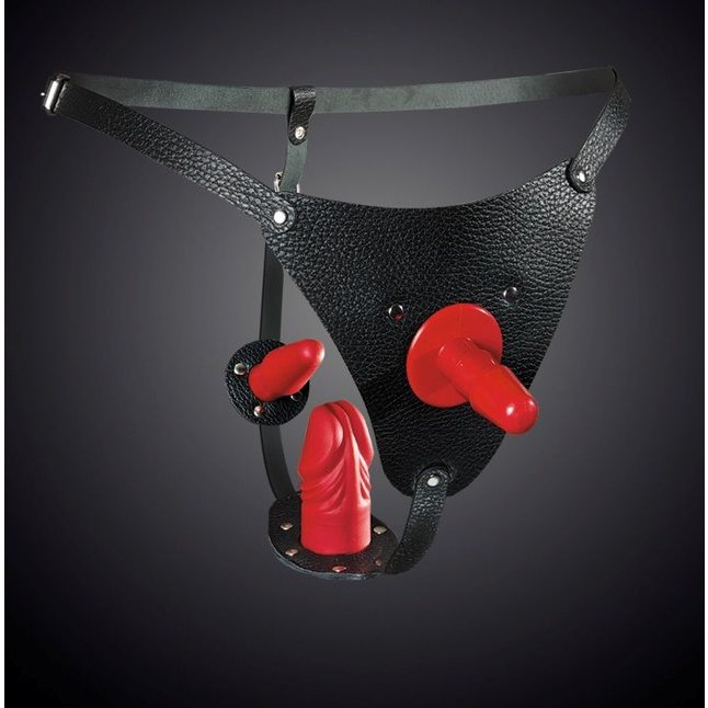 Кожаные черные трусики со штырьком для насадок - BDSM accessories