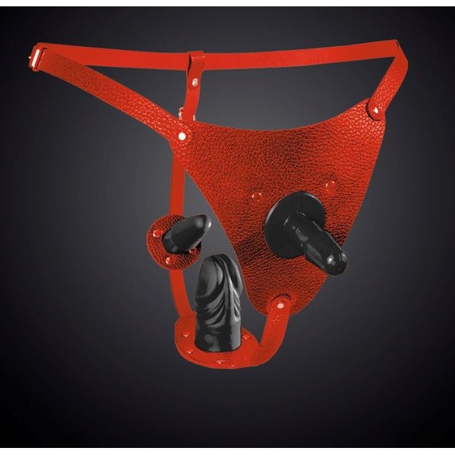 Красные кожаные трусики со штырьком и двумя съёмными стимуляторами - BDSM accessories
