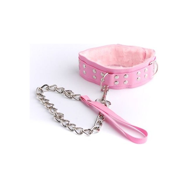 Розовый ошейник с поводком-цепочкой - BDSM accessories