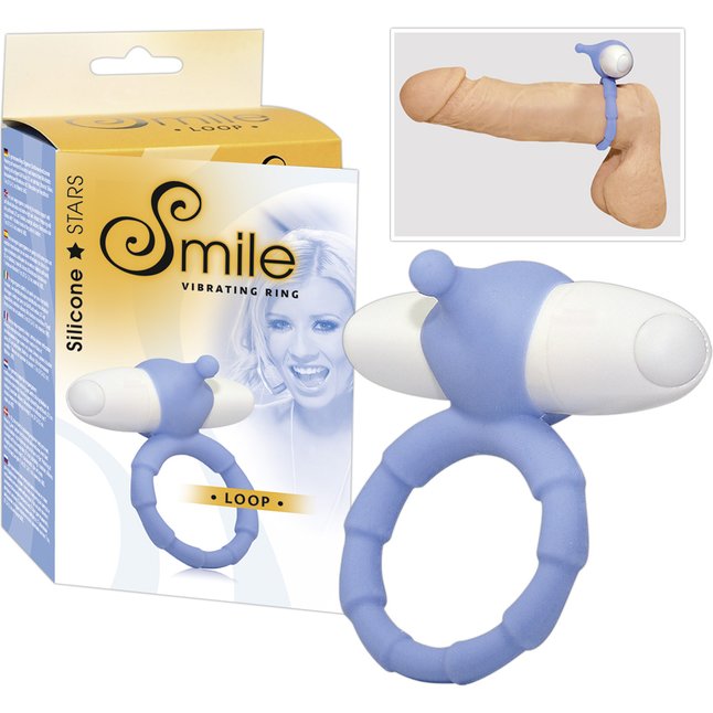 Голубое эрекционное кольцо с вибропулей - Smile