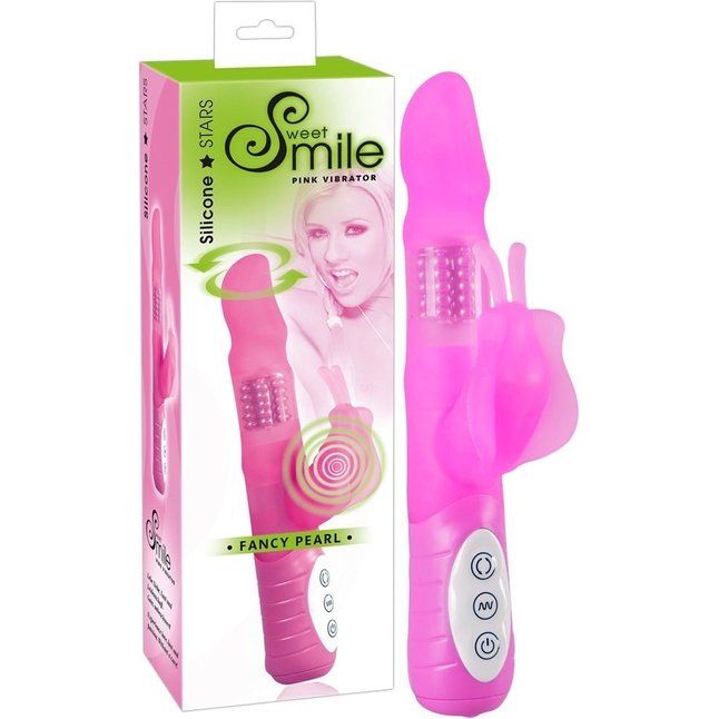 Многофункциональный розовый вибратор Smile Fancy с клиторальной бабочкой - 22 см - Smile