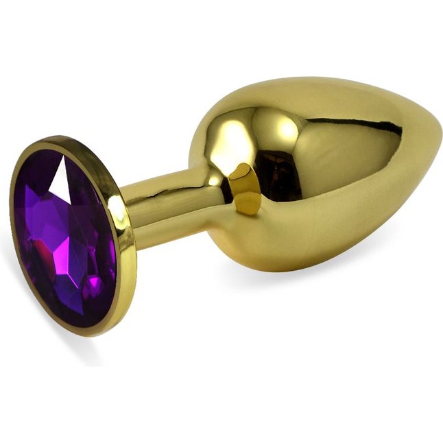 Золотистая анальная пробка с фиолетовым кристаллом - 7,6 см