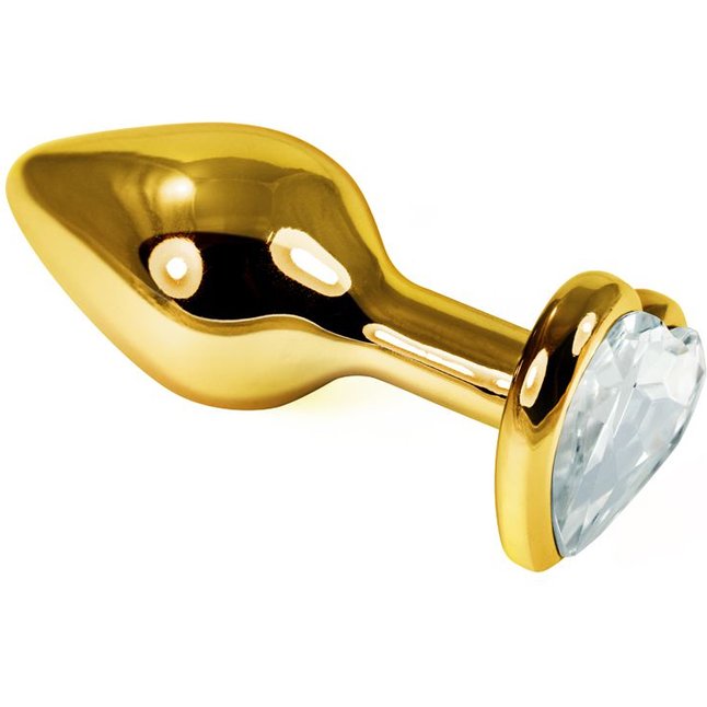 Золотистая анальная пробка с прозрачным кристаллом-сердечком - 7,6 см