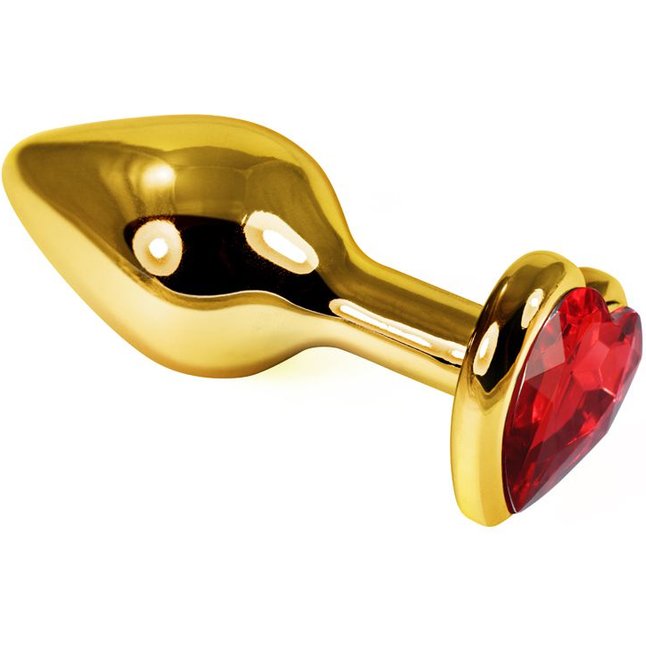 Золотистая анальная пробка с красным кристаллом-сердечком - 7,6 см