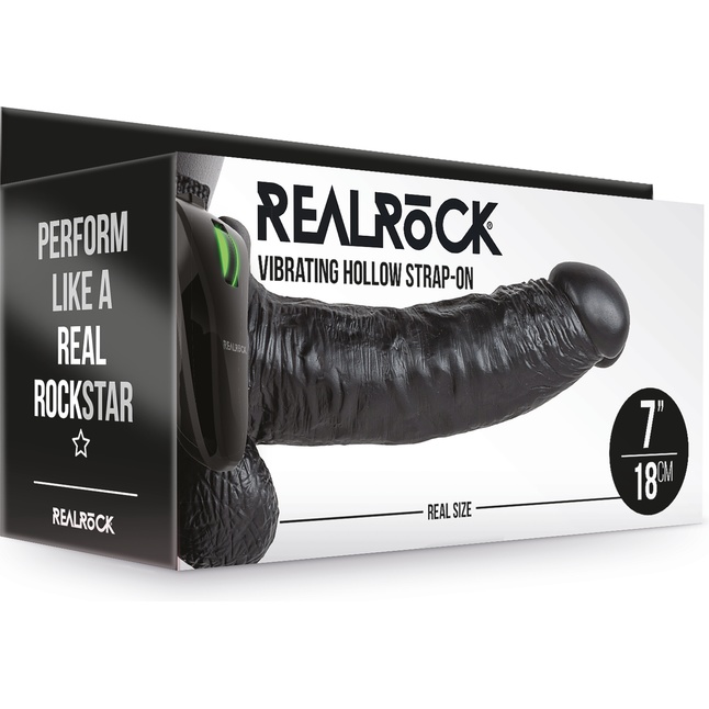 Черный реалистичный вибрострапон-фаллопротез с мошонкой - 18 см - RealRock. Фотография 8.