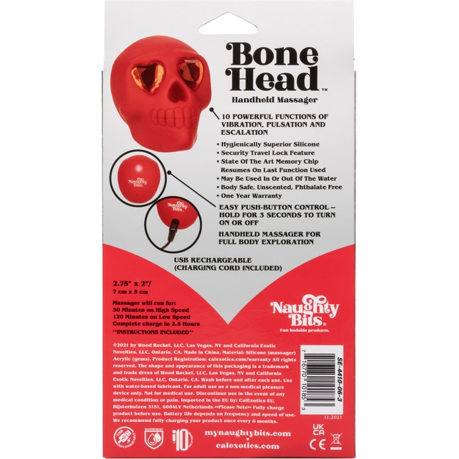 Красный вибромассажер в форме черепа Bone Head Handheld Massager - Naughty Bits. Фотография 11.