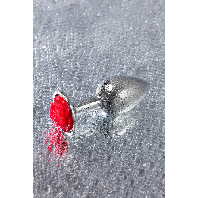 Серебристая анальная втулка с красной розочкой - 8 см - Metal. Фотография 8.