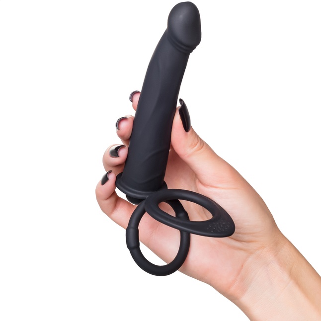 Черная насадка на пенис для двойного проникновения - 19 см - Black Red. Фотография 3.