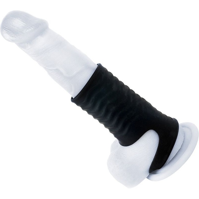 Черная открытая насадка на пенис с кольцом для мошонки XXL-size - 9,4 см - SEX EXPERT PREMIUM. Фотография 4.