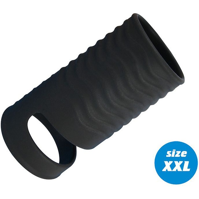 Черная открытая насадка на пенис с кольцом для мошонки XXL-size - 9,4 см - SEX EXPERT PREMIUM