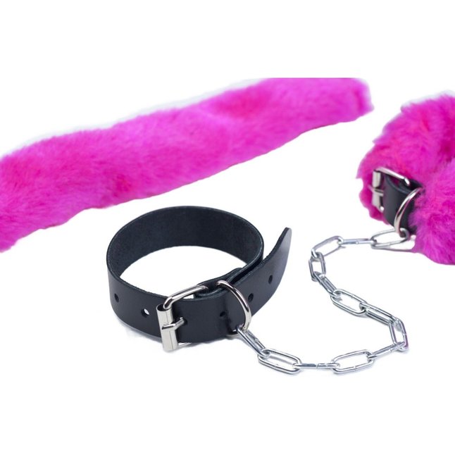 Кожаные наручники со съемной розовой опушкой. Фотография 5.