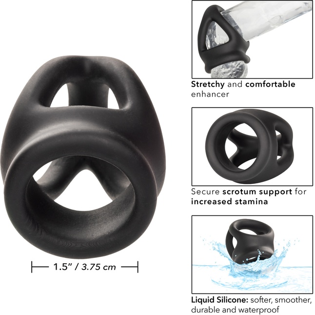 Черное тройное эрекционное кольцо Alpha Liquid Silicone Dual Cage Ring - Alpha. Фотография 4.