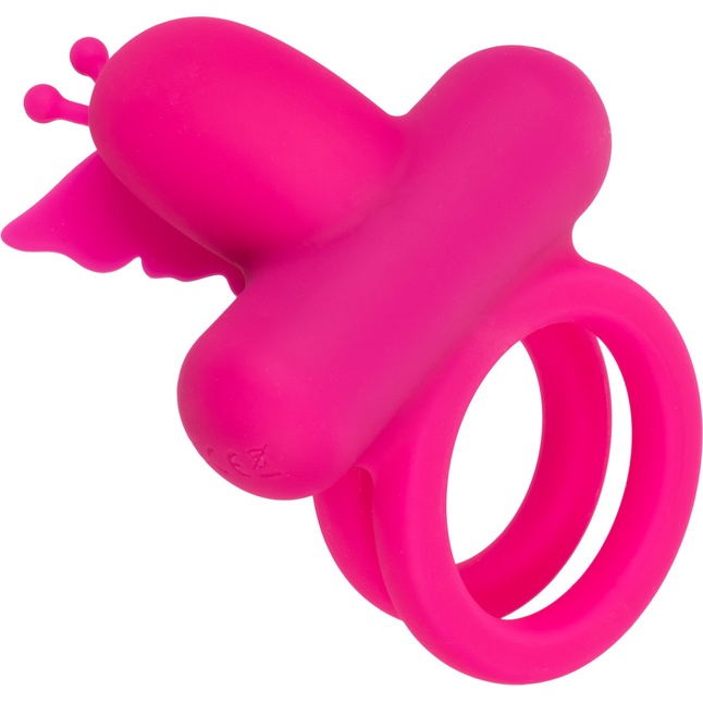 Розовое эрекционное виброкольцо Silicone Rechargeable Dual Butterfly Ring - Couples Enhancers. Фотография 9.