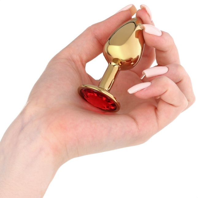 Золотистая анальная пробочка с красным кристаллом - 7 см - Оки-Чпоки. Фотография 3.