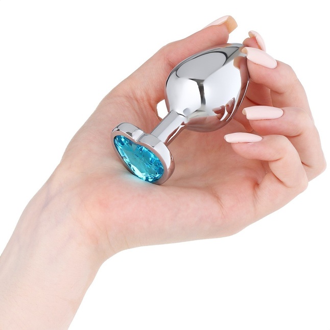 Серебристая анальная пробка с голубым кристаллом - 8 см - Оки-Чпоки. Фотография 3.