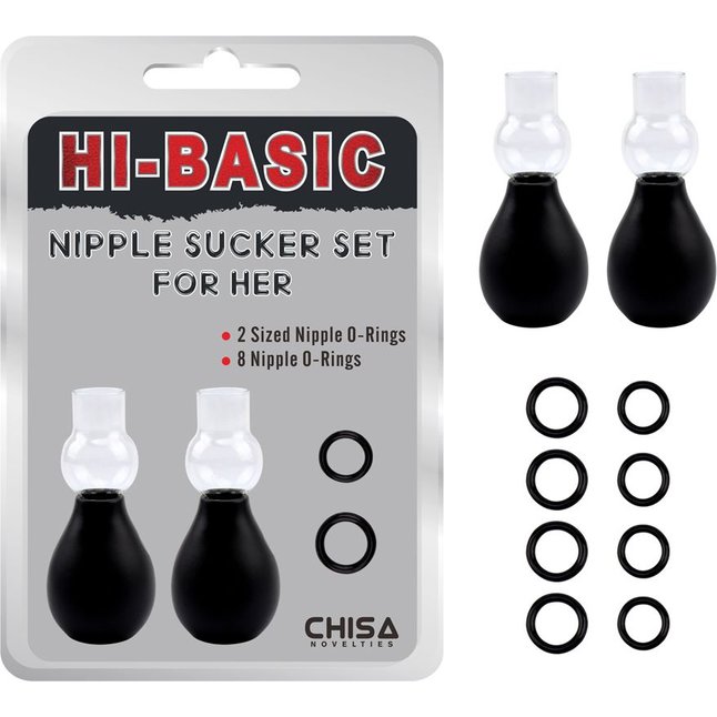 Набор из 2 вакуумных помп для сосков и 4 пар фиксирующих колец Nipple Sucker Set for Her - Hi-Basic. Фотография 3.